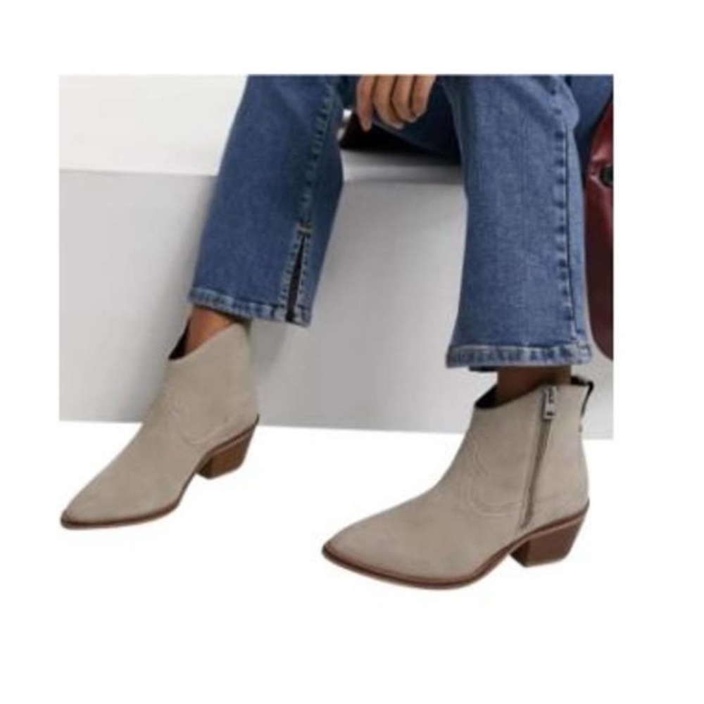NWT Allsaints Carlotta Suede Western Ankle Bootie Stone Tan Gray Size 8 - Picture 2 of 7